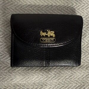 Coach Wallet Black Leather Card Holder VTG Tri Fold Gold Horse Carriage Logo